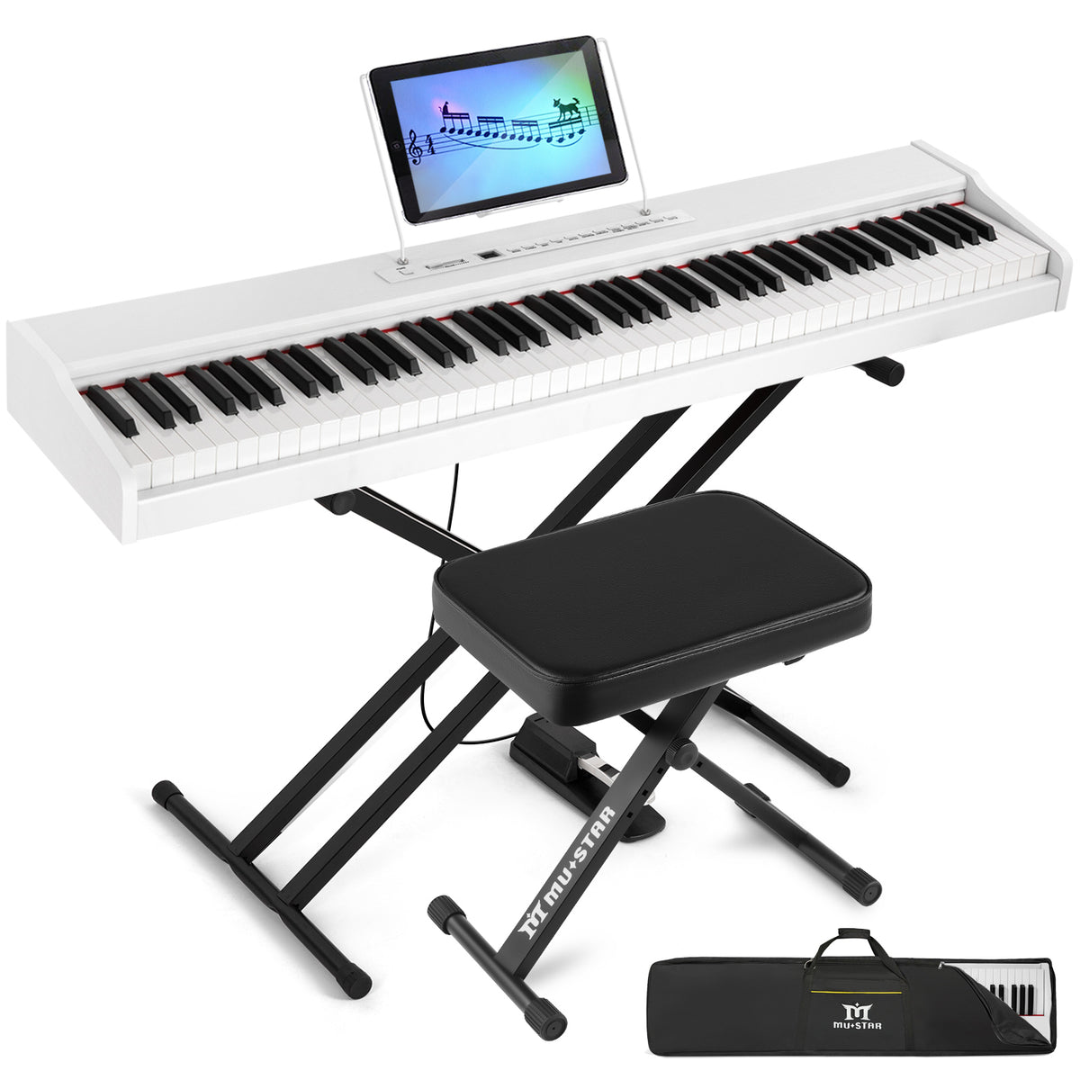 MUSTAR MEP-500, Digitalpiano mit 88 Tasten, halbgewichtete Tastatur, tragbares Keyboard, Holzkorpus in E-Form, für Anfänger, Weiß