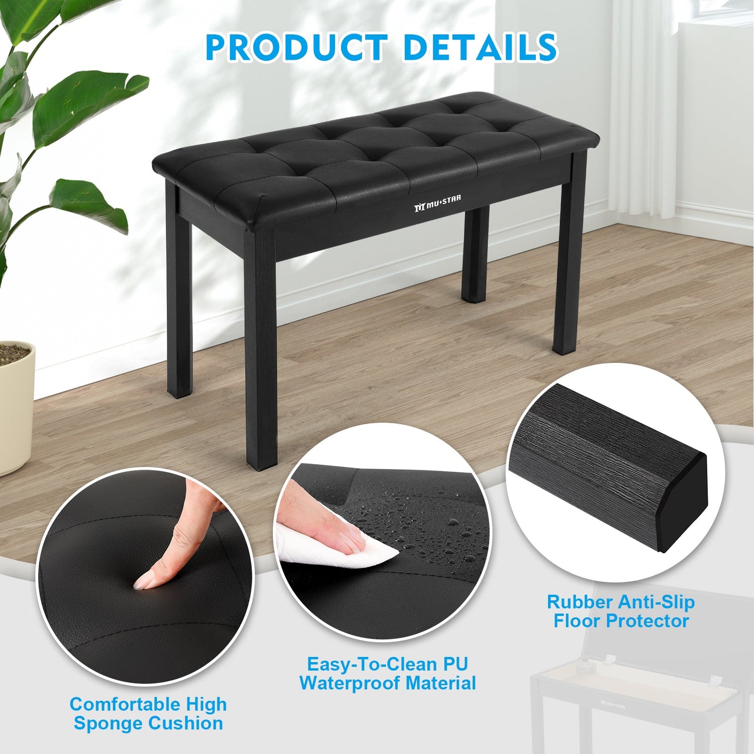 MUSTAR MS-100, Klavierbank aus Holz, gepolsterter Klavierhocker mit Stauraum, Schwarz