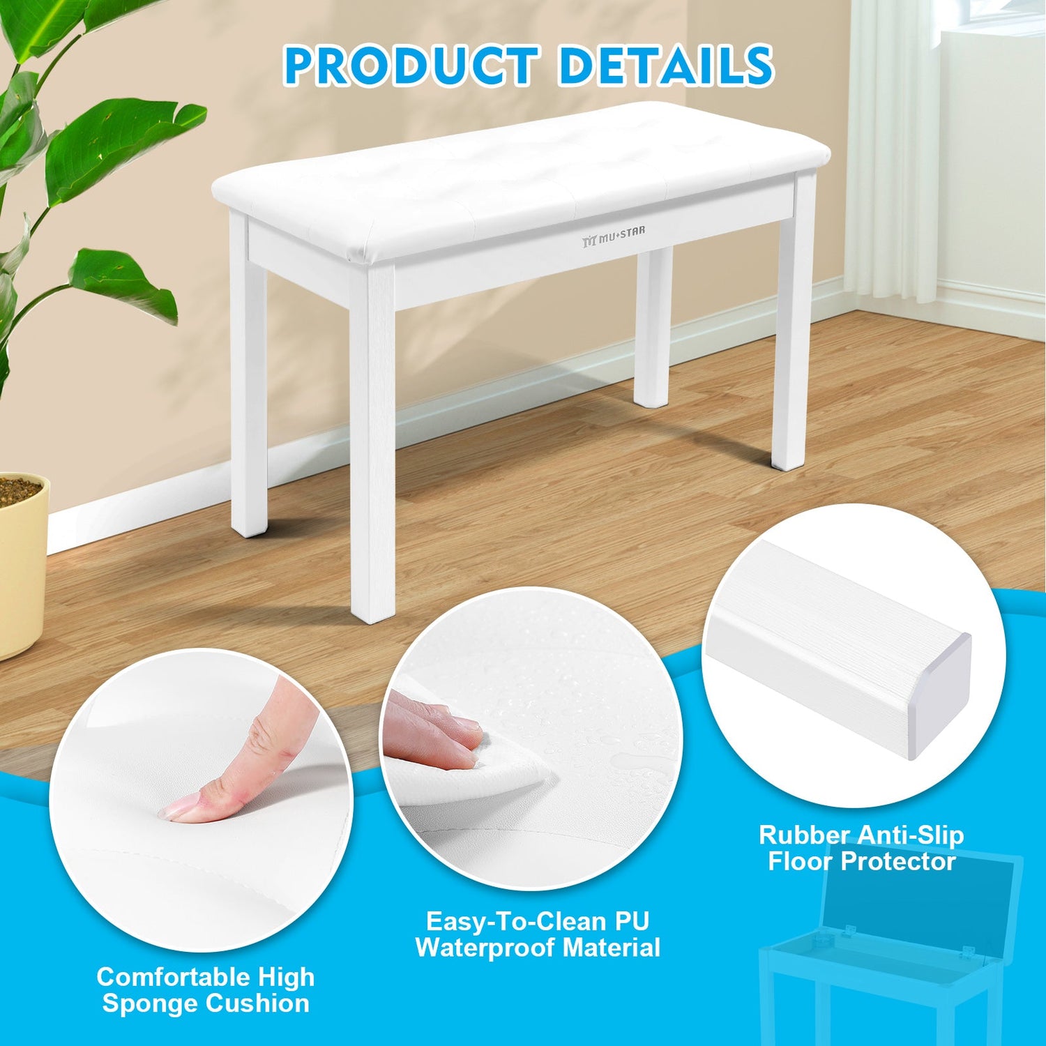 MUSTAR MS-200, Klavierbank aus Holz, gepolsterter Klavierhocker mit Stauraum, Weiß