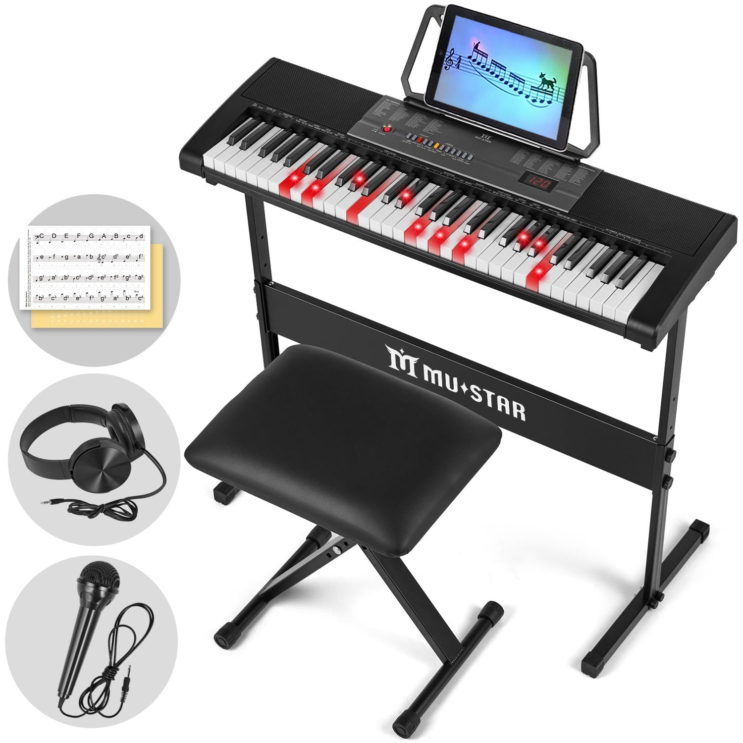 MUSTAR MEKS-100, Beleuchtetes Piano-Keyboard-Set, Tragbares elektronisches Keyboard mit 61 Tasten