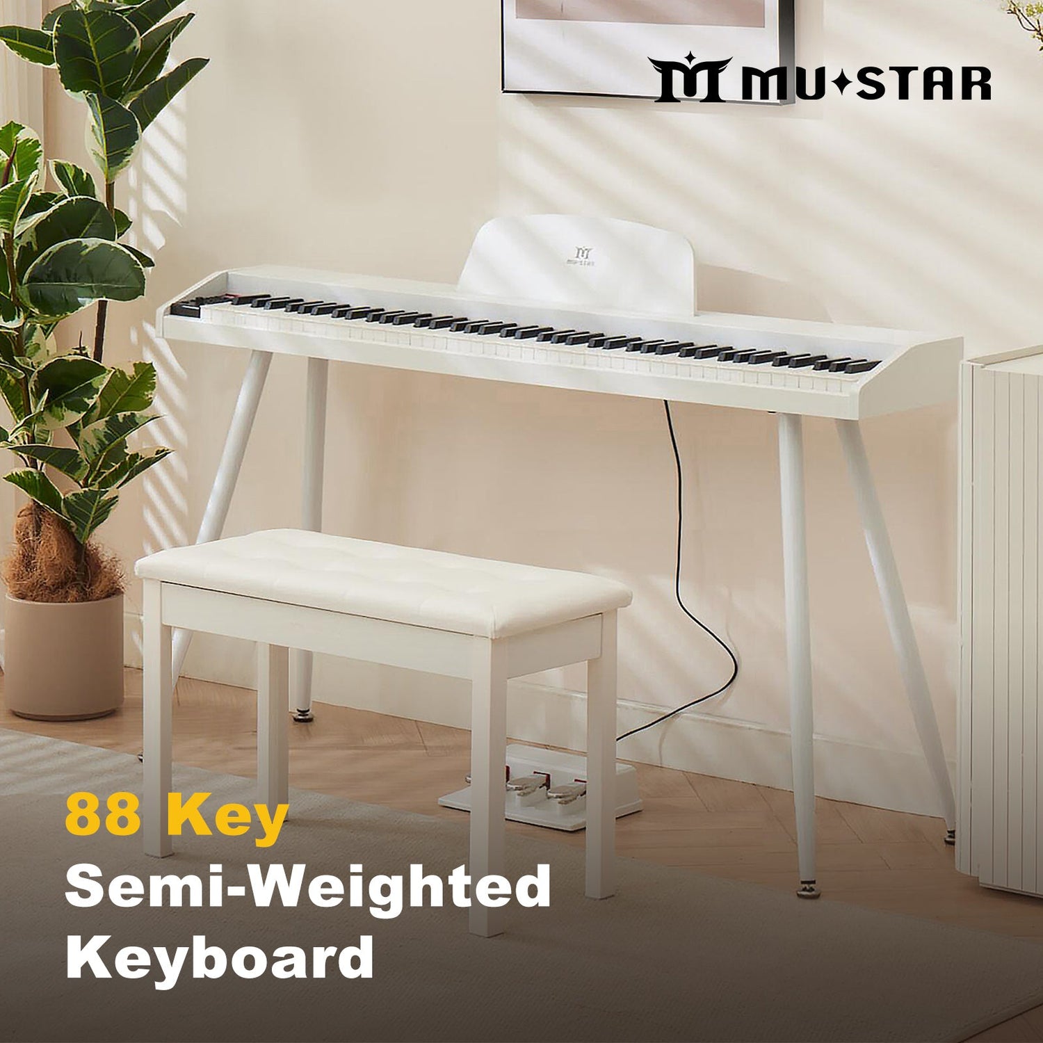 MUSTAR MEP-700, Digitalpiano mit 88 halbgewichteten Tasten, inklusive Hocker, elektronische Holztastatur, Weiß