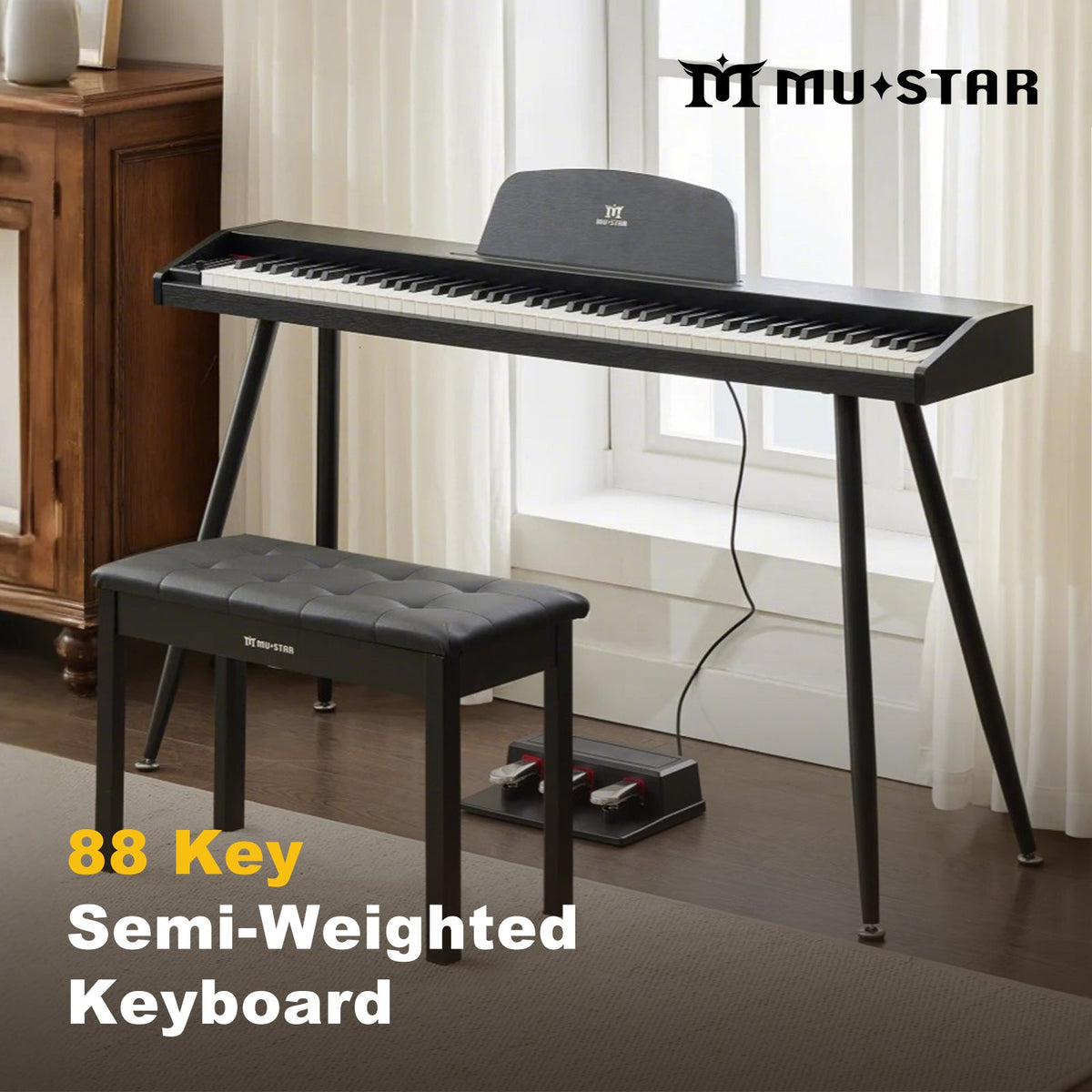 MUSTAR MEP-600/700, Digitalpiano mit 88 halbgewichteten Tasten und Hocker, elektronische Holztastatur