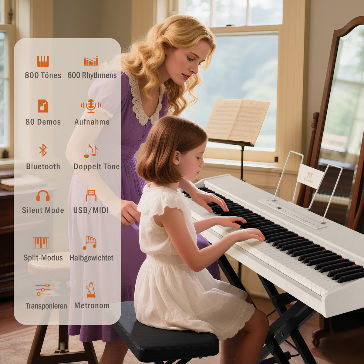 MUSTAR MEP-500, Digitalpiano mit 88 Tasten, halbgewichtete Tastatur, tragbares Keyboard, Holzkorpus in E-Form, für Anfänger, Weiß