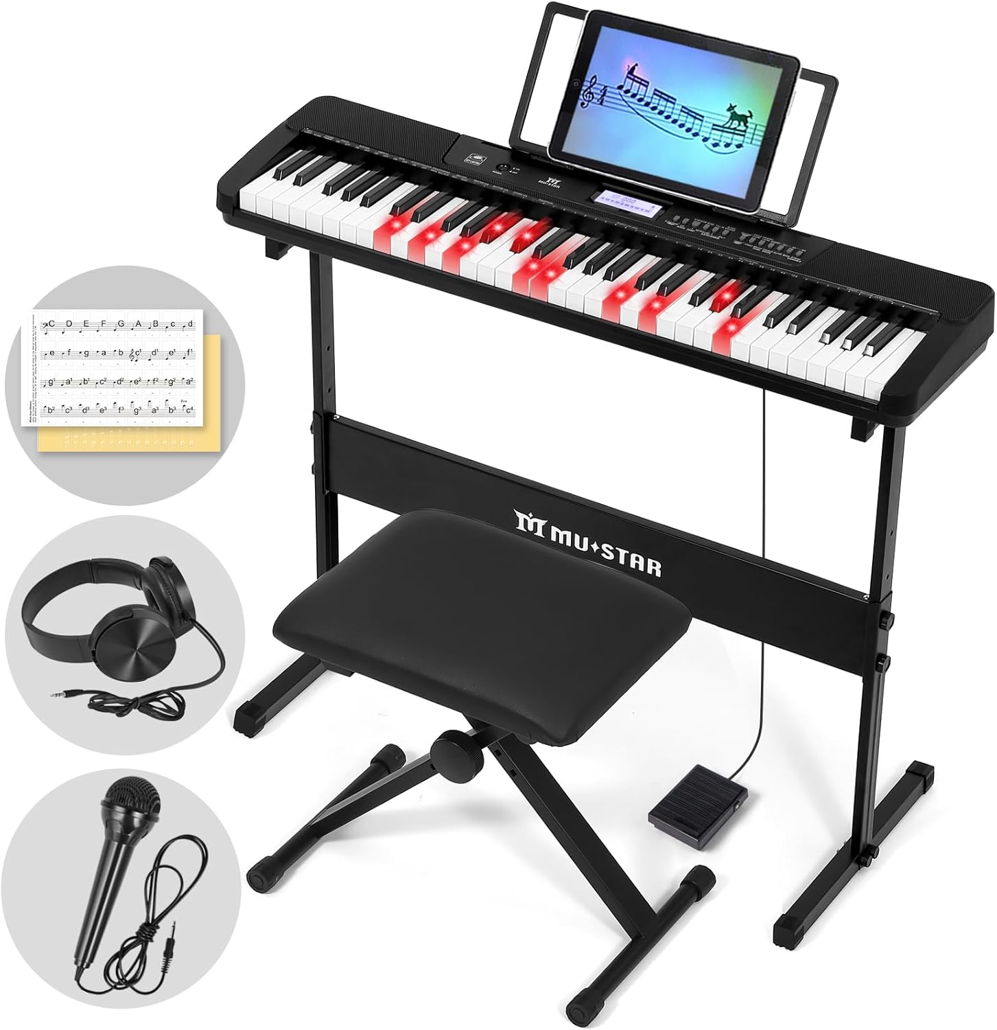 MUSTAR MEKS-200, Tragbares elektronisches Keyboard mit beleuchtetem LCD-Display und 61 Tasten für Anfänger, inklusive Ständer/Hocker/Kopfhörer 