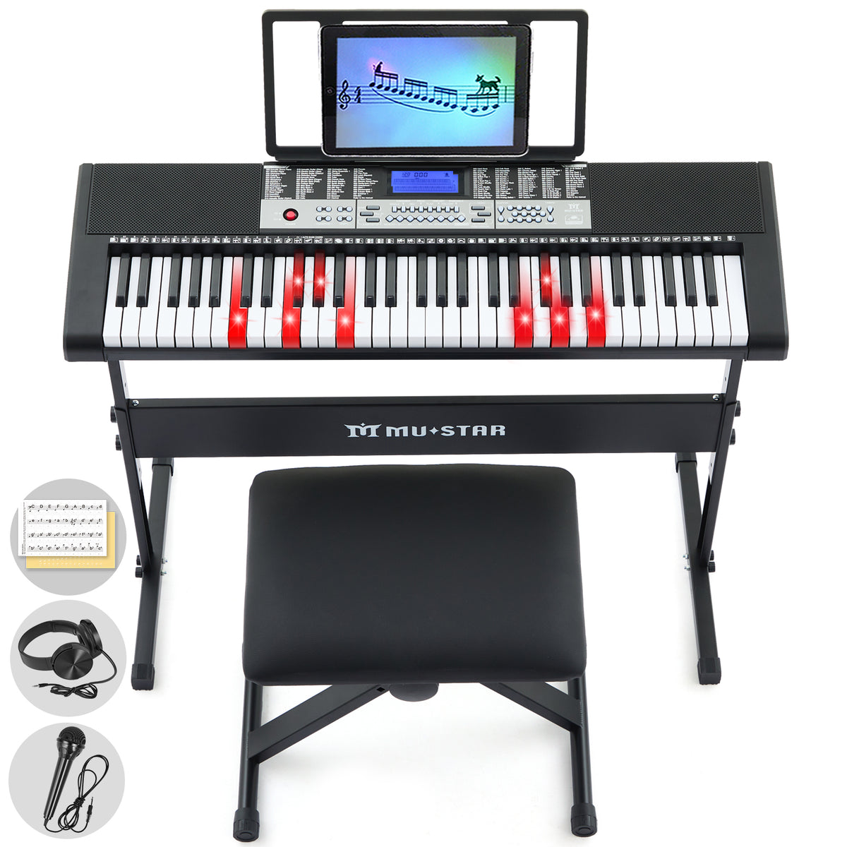 MUSTAR MEKS-200, Tragbares elektronisches Keyboard mit beleuchtetem LCD-Display und 61 Tasten für Anfänger, inklusive Ständer/Hocker/Kopfhörer 