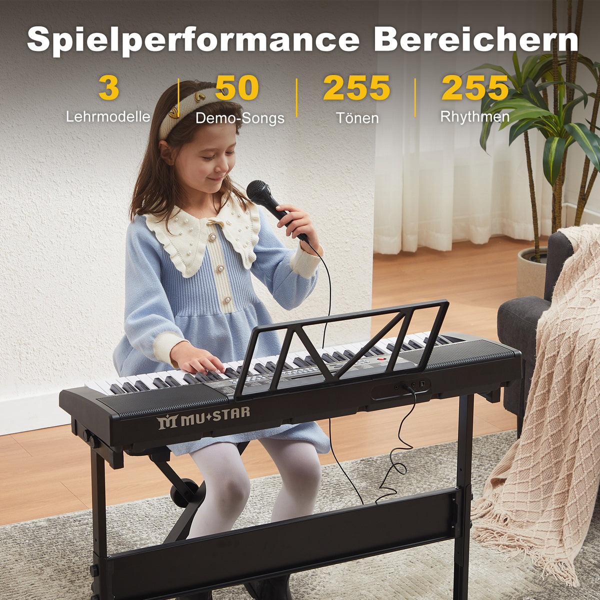 MUSTAR MEKS-200, Tragbares elektronisches Keyboard mit beleuchtetem LCD-Display und 61 Tasten für Anfänger, inklusive Ständer/Hocker/Kopfhörer 